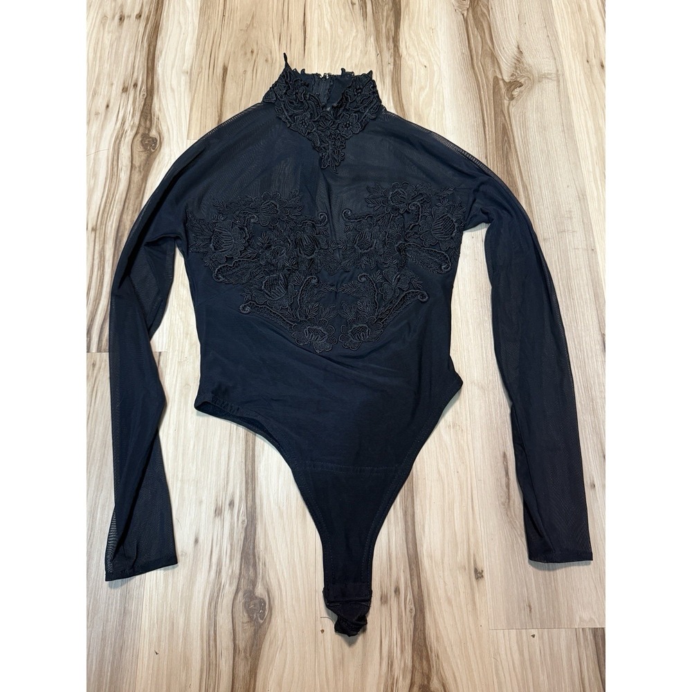 Vintage Cache Laced Sheer Black Bodysuit Size L
